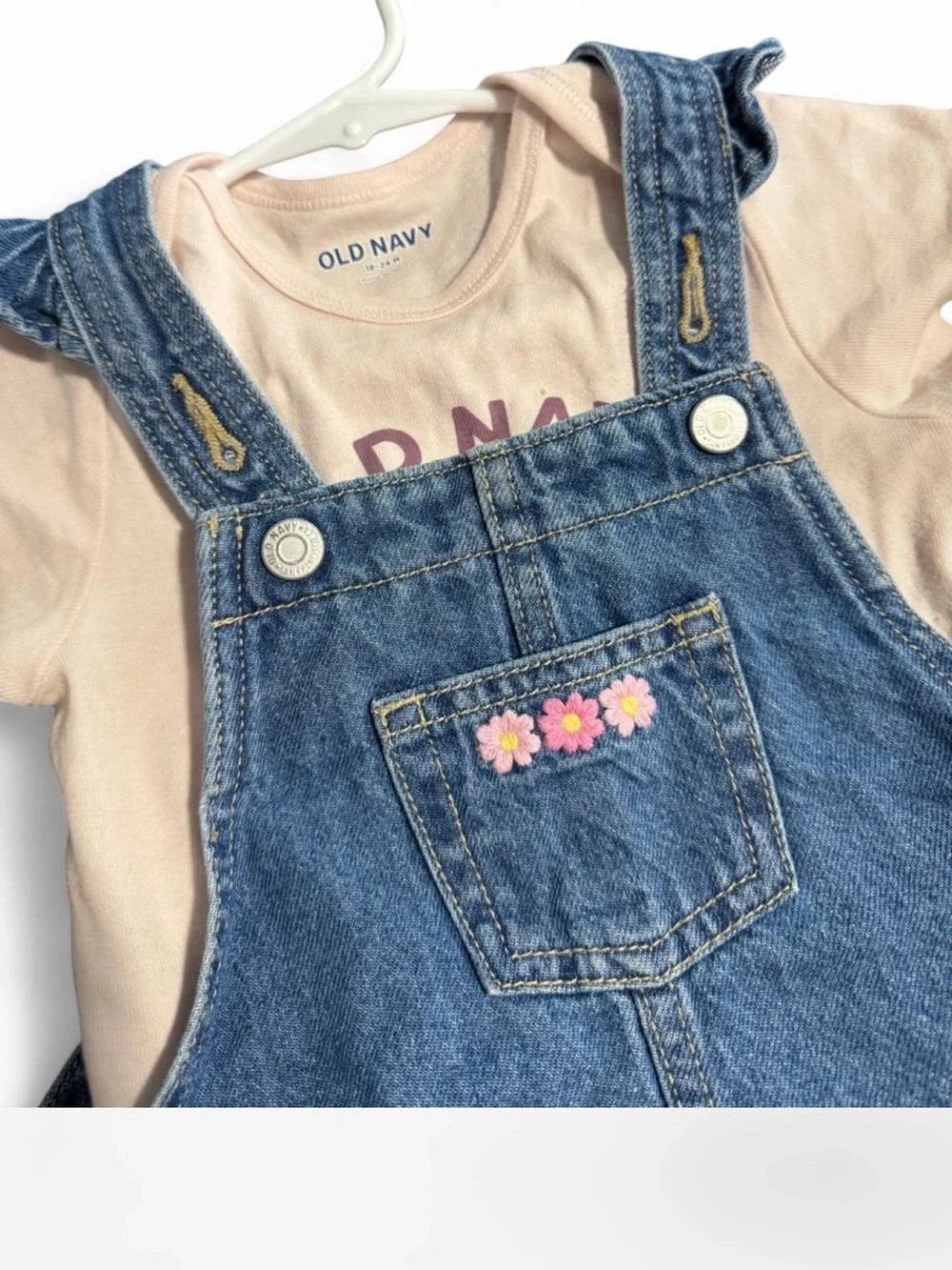 Old Navy Pink Strawberry Graphic Onesie with Blue Denim Overall Dress